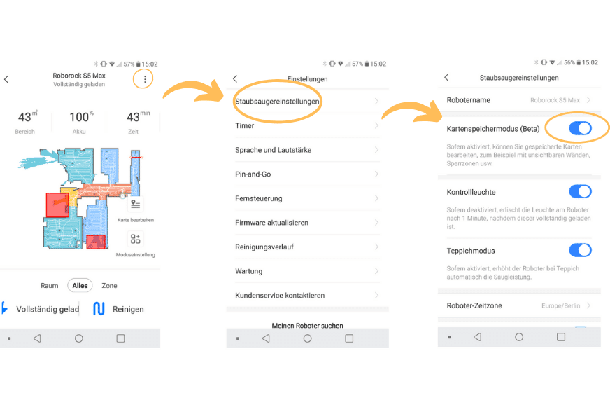Kartenspeicherung Einstellung wird in der Roborock S6 MaxV Handy App aktiviert.